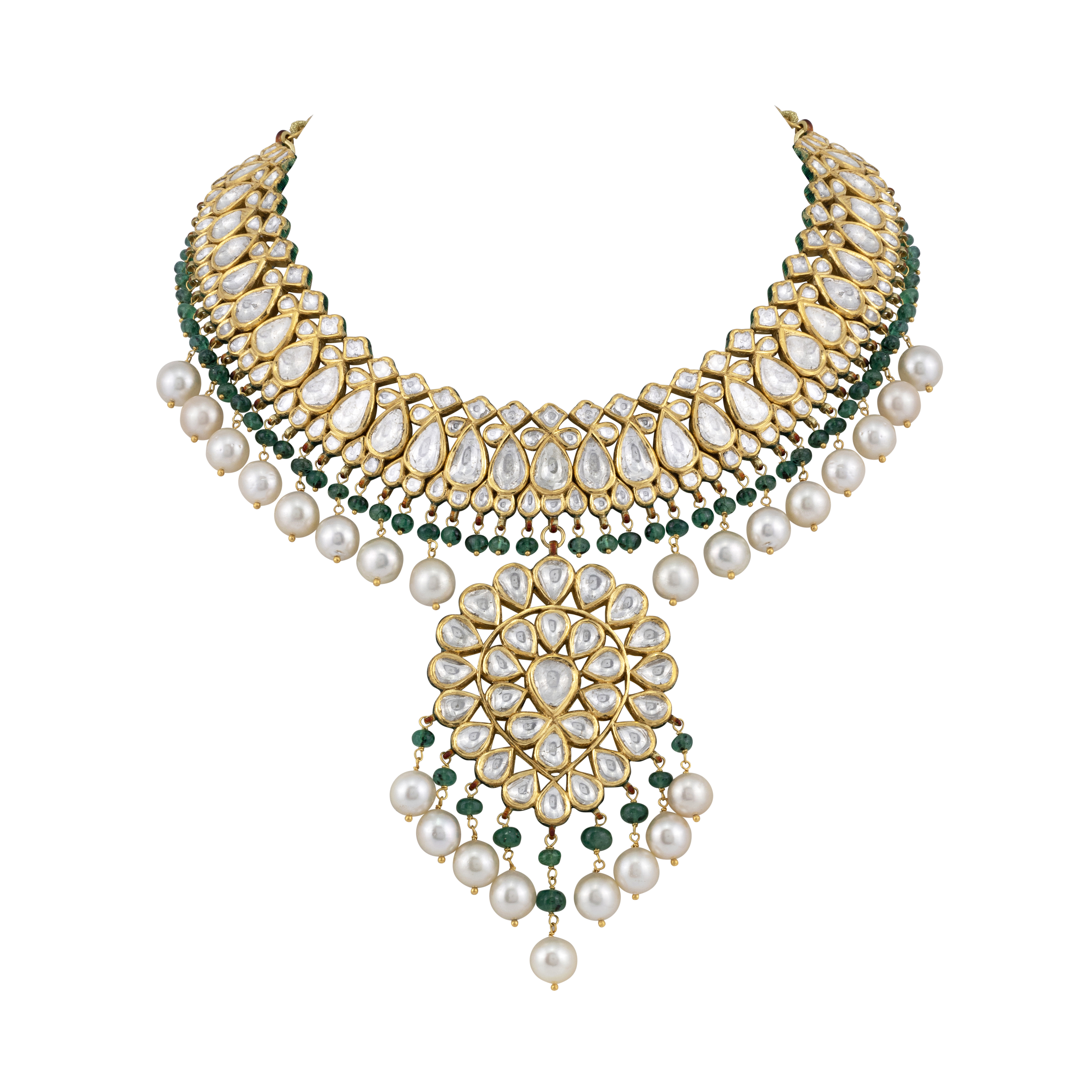 Polki and Pearl Choker Necklace with Emerald Accents